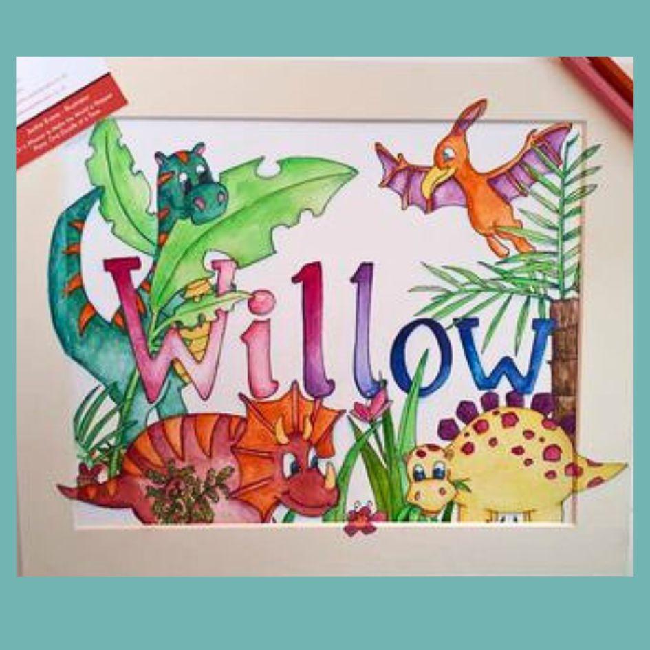 Jac's Little Welsh Studio Personalised named Artwork Personalised named artwork with the name Willow in rainbow letering, with watercolour dinosaurs